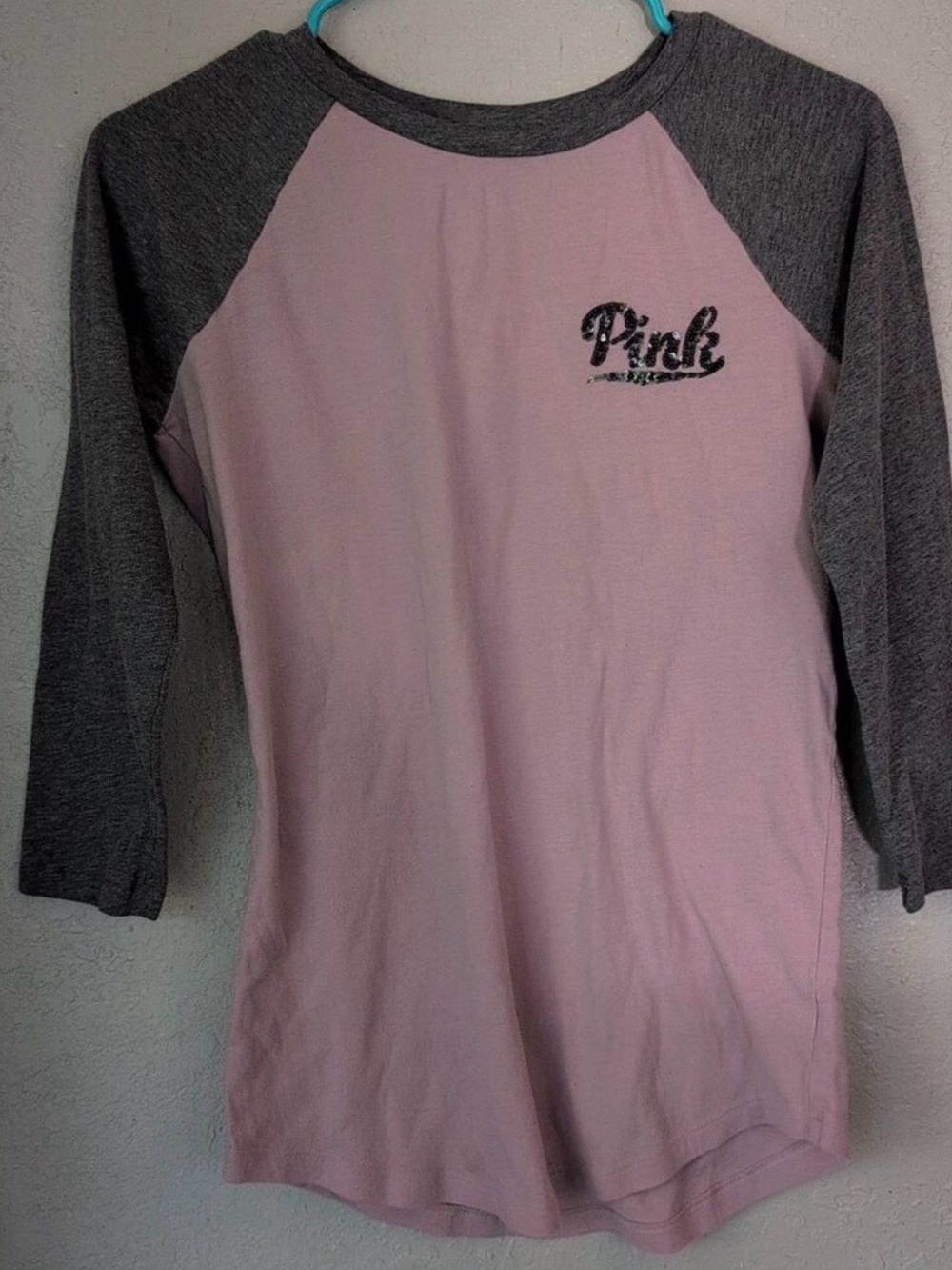 Victoria's Secret PINK and Charcoal Bling Raglan 3/4 Sleeve Tee - Picture 2 of 4